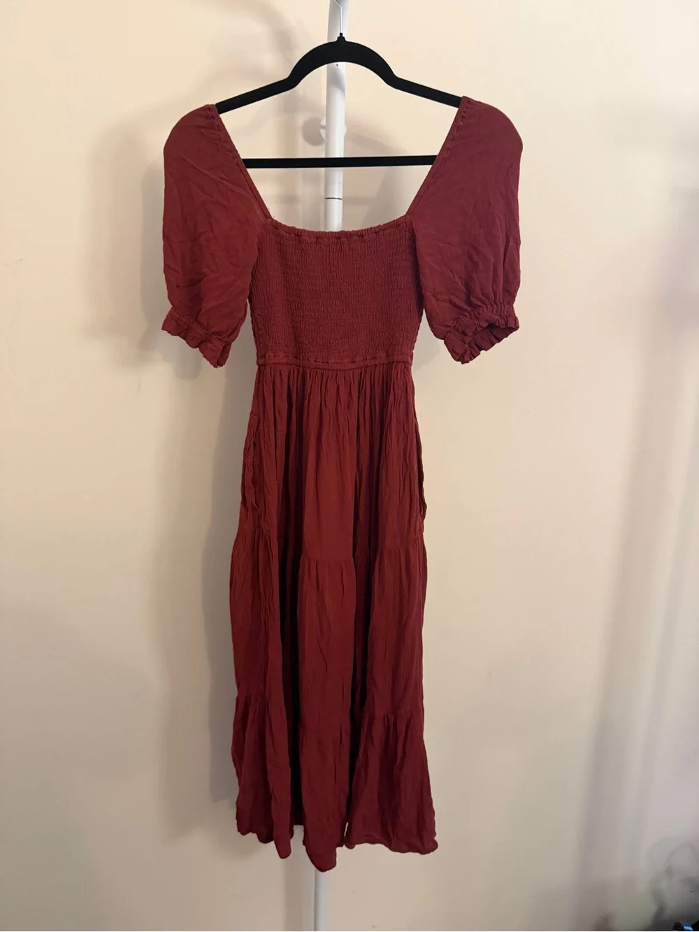 Abercrombie and Fitch Wine Red Smocked Puff-Sleeve Midi Dress